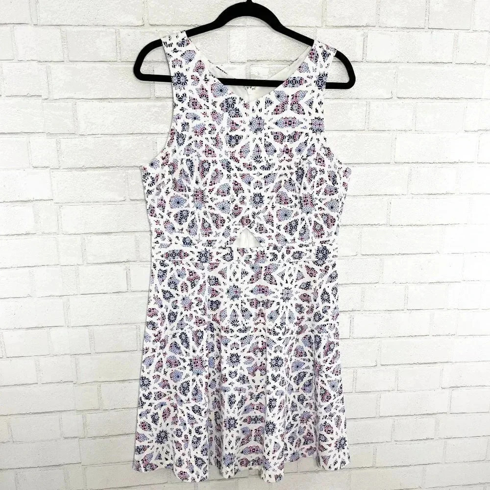CeCe White Abstract Floral Cutout Sleeveless Fit & Flare Dress Women's Size 12